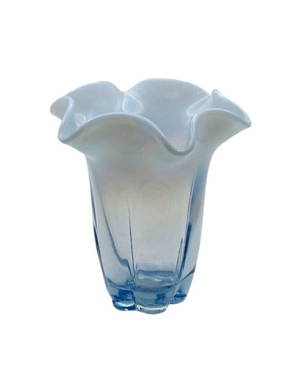 Duncan & Miller Glass Vase Canterbury Blue Opalescent Fluted Ruffled Vintage MCM